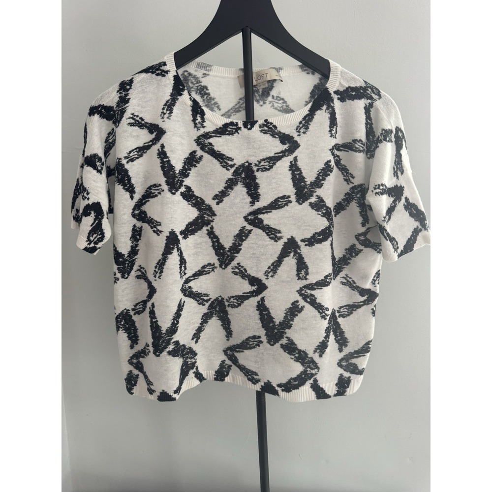 LOFT Petites Women's SP Abstract Knit Short Sleeve Linen Blend Sweater Top Soft